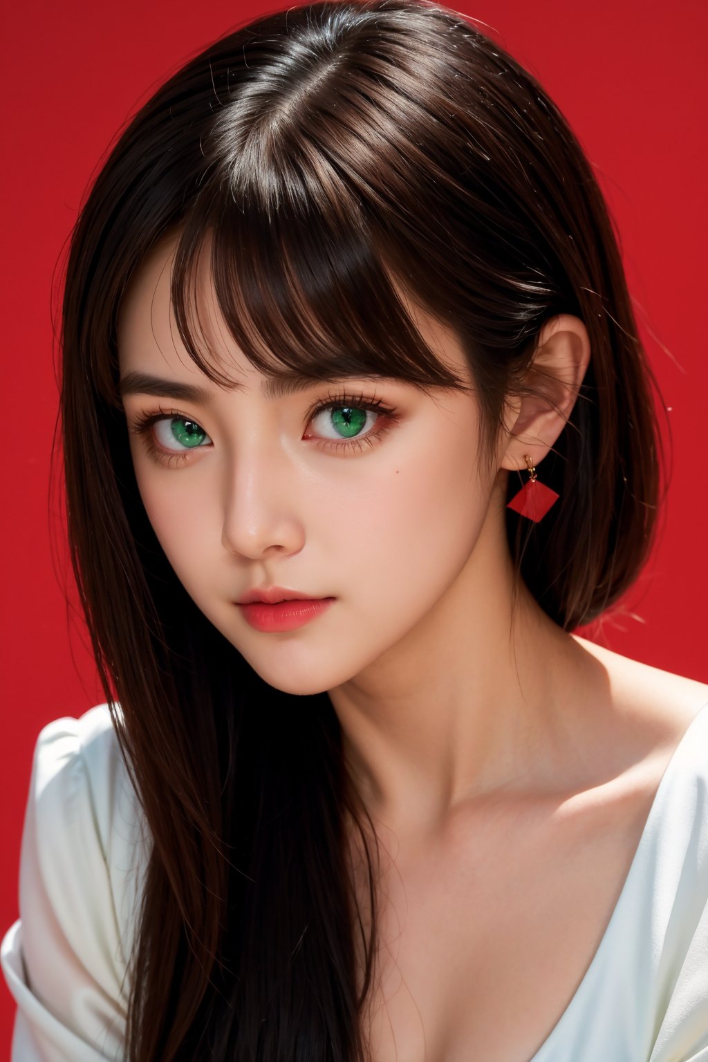 <lora:AgainEyes:1>,1girl,black hair,portrait,(white dress:1.2),green eyes,shining eyes,(red simple background:1.3),