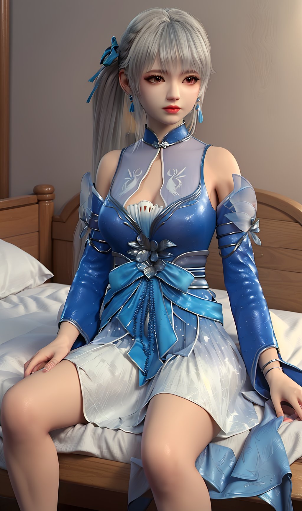 3D,masterpiece,(best quality),(makeup),official art, extremely detailed cg 8k wallpaper,((crystalstexture skin)), (extremely delicate and beautiful),(highly detailed),(face),(double_ponytail),(collar),(1girl), (solo), (jewelry), (earrings),(white_hair),(long_hair),(hair_ornament),(handwear),(long_sleeves),(breast),((sitting)),((upper_body)),(dress),(shorts_under_skirt),(chinese_clothes),(multicolored_clothes),(multicolored_dress),,(shiny_clothes),(long_legs),(sash),(closed_mouth),(room,bed),((looking_at_viewer)),((Facing the camera)),, <lora:hipoly3DModelLora_v10:0.3>