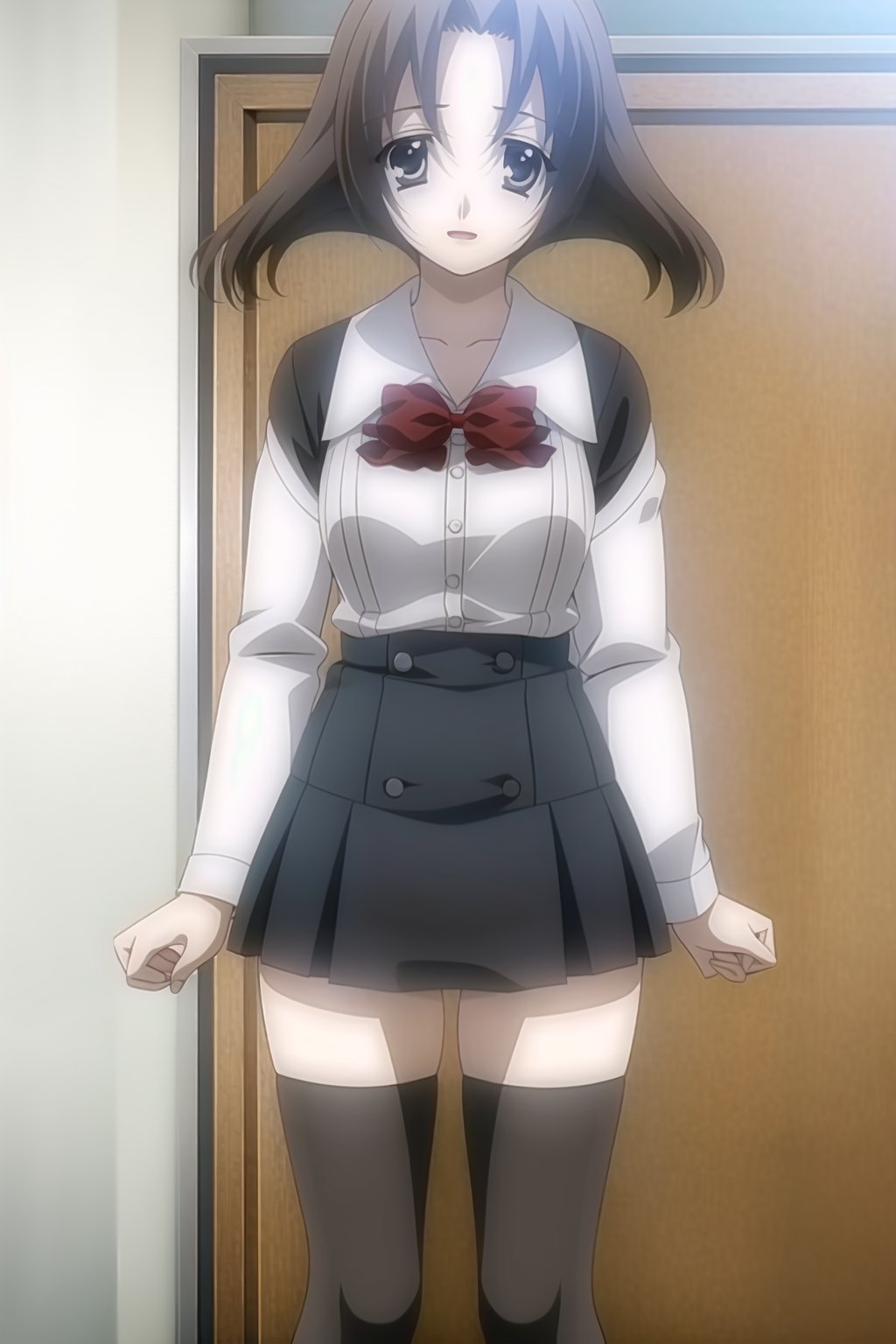 1girl, solo, (young woman, 16 years old), minami obuchi, short_hair, brown_hair, bangs, grey eyes,BREAK (waist-length skirt), thighhighs, school uniform, shoes, black thighhighs, zettai ryouiki, bow, red bow, white shirt,BREAK looking at viewer, standing, solo_female<lora:EMS-407829-EMS:1.000000>, <lora:EMS-29471-EMS:0.300000>