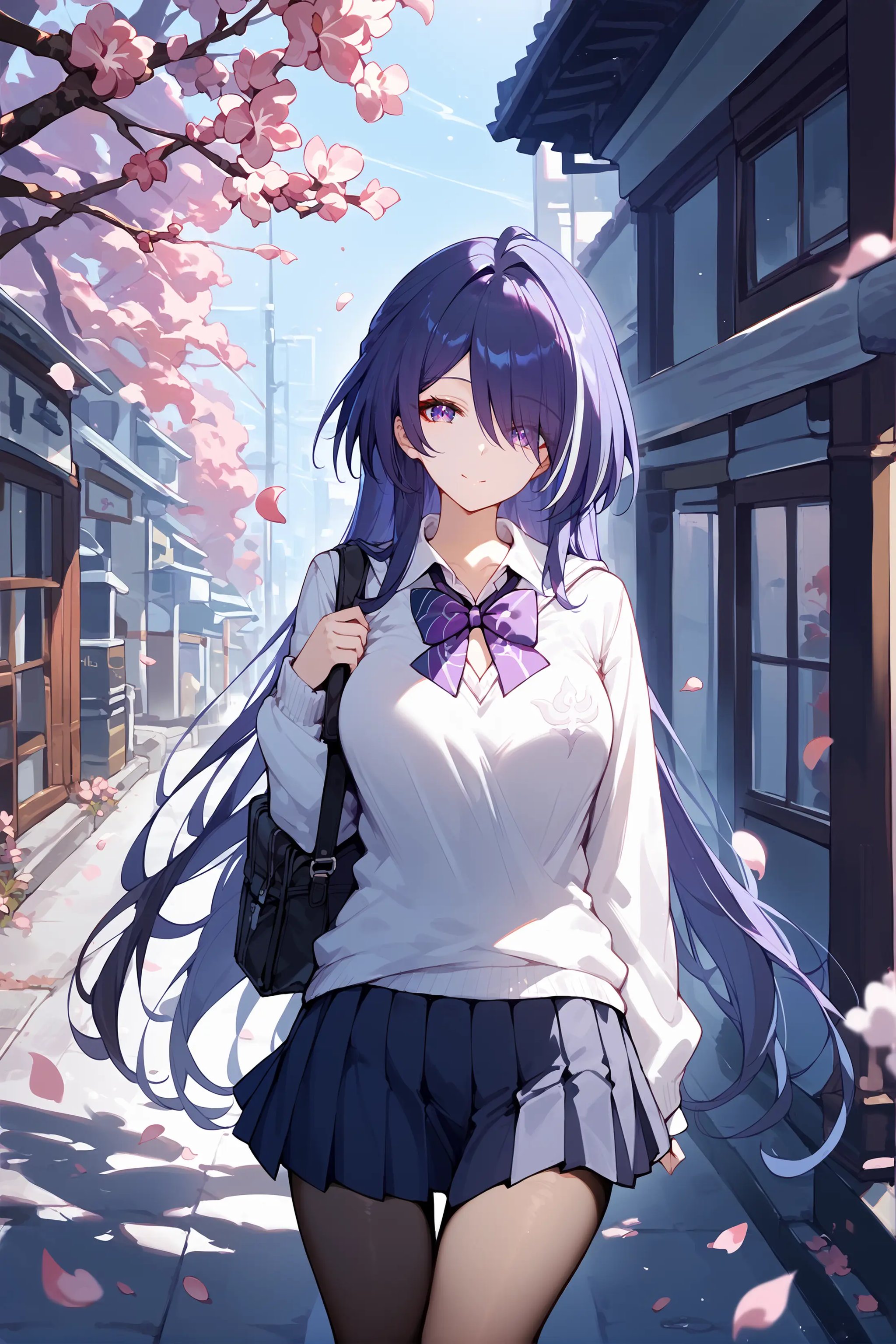 score_9, score_8_up, score_7_up, 1girl, acheron \(honkai: star rail\), solo, school uniform, white shirt, sweater, pleated skirt, pantyhose, light smile, looking at viewer, outdoors, street, cherry blossoms, petals, depth of field <lora:Char-HonkaiSR-Acheron-Pony-V1:0.9>