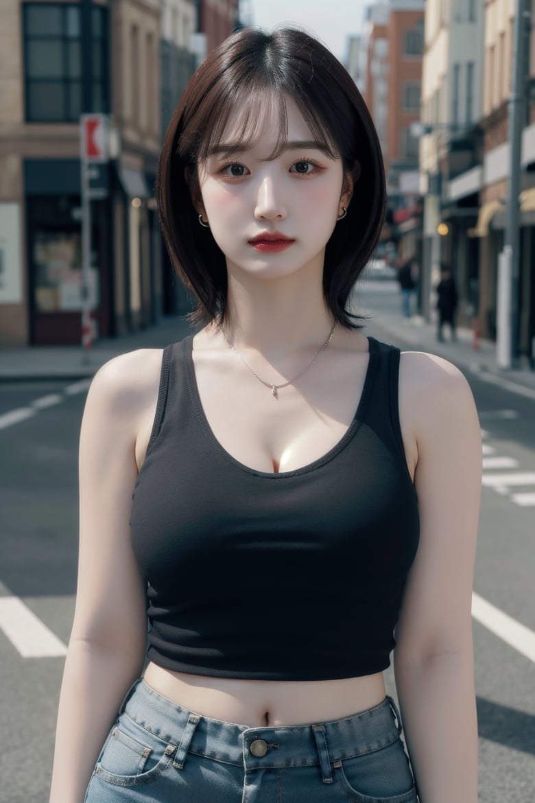 shirt lift, tank top, necklace, earrings, cleavage, ((upper body)), medium hair, medium breasts, perfect body, at the city street, looking at viewer, natural makeup, absurdres, masterpiece, (realistic), (hyperrealism), (photorealistic), <lora:makina69_haewon_v1.0:1>