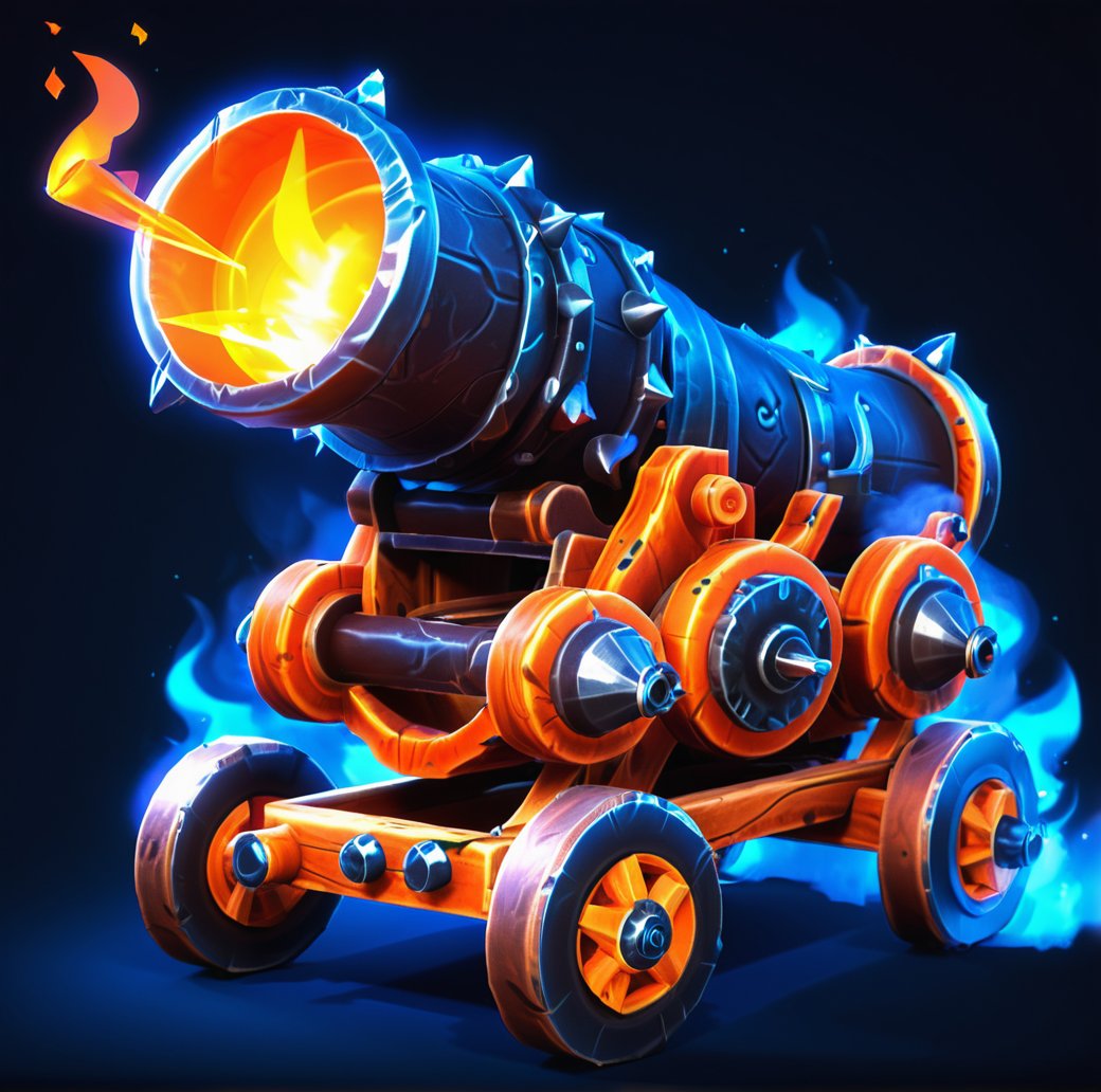 digital game illustration, 3d illustration, fantasy cannon, stylized, flames, glowing orange, dark background, metal, studs, wheels, mechanical design, intricate, warm lighting, concept art, video game asset, magical, high-quality render, detailed textures, smoke effects, fiery glow, fantasy weapon, ember particles, heavy artillery, game asset ,<lora:游戏-000002:0.6>