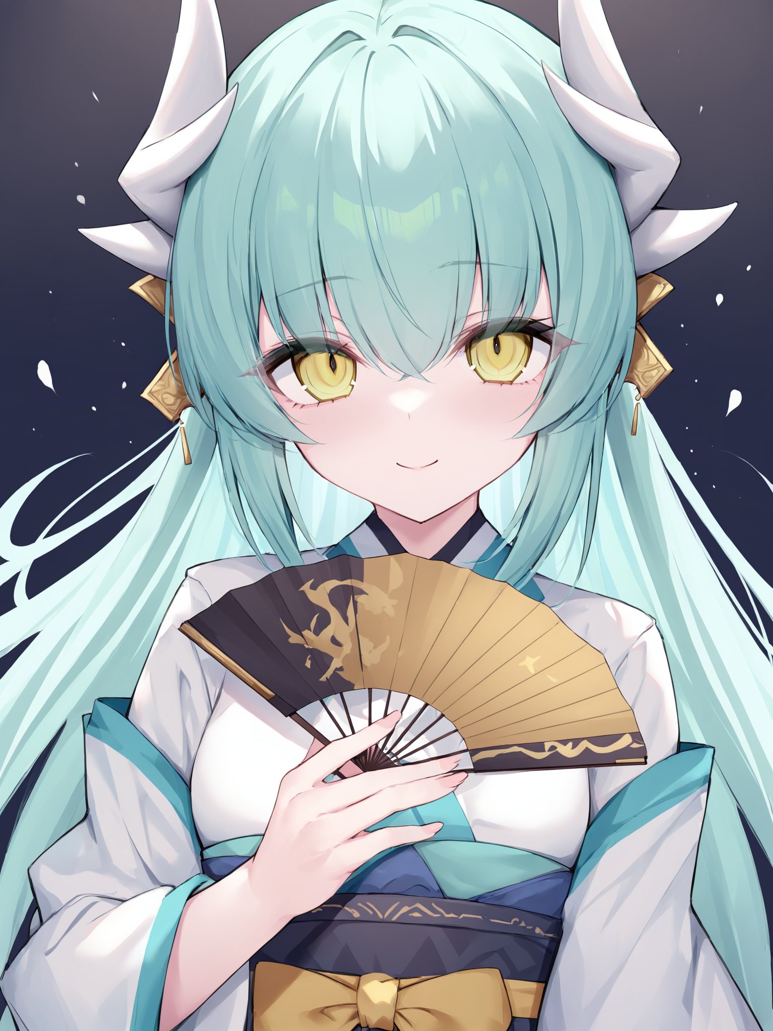 (masterpiece),(bestquality),1girl,kiyohime \(fate\),solo,best quality,detailed,upper body,looking at viewer,holding fan,smile,dragon horns,closed mouth,yellow eyes,green eyes,hair between eyes,eyebrows visible through hair,long hair,green hair,aqua hair,bangs,kimono,wide sleeves,obi,folding fan,dragon girl,shaded face,<lora:heyiling-v3-000010:0.8>,ringed eyes,