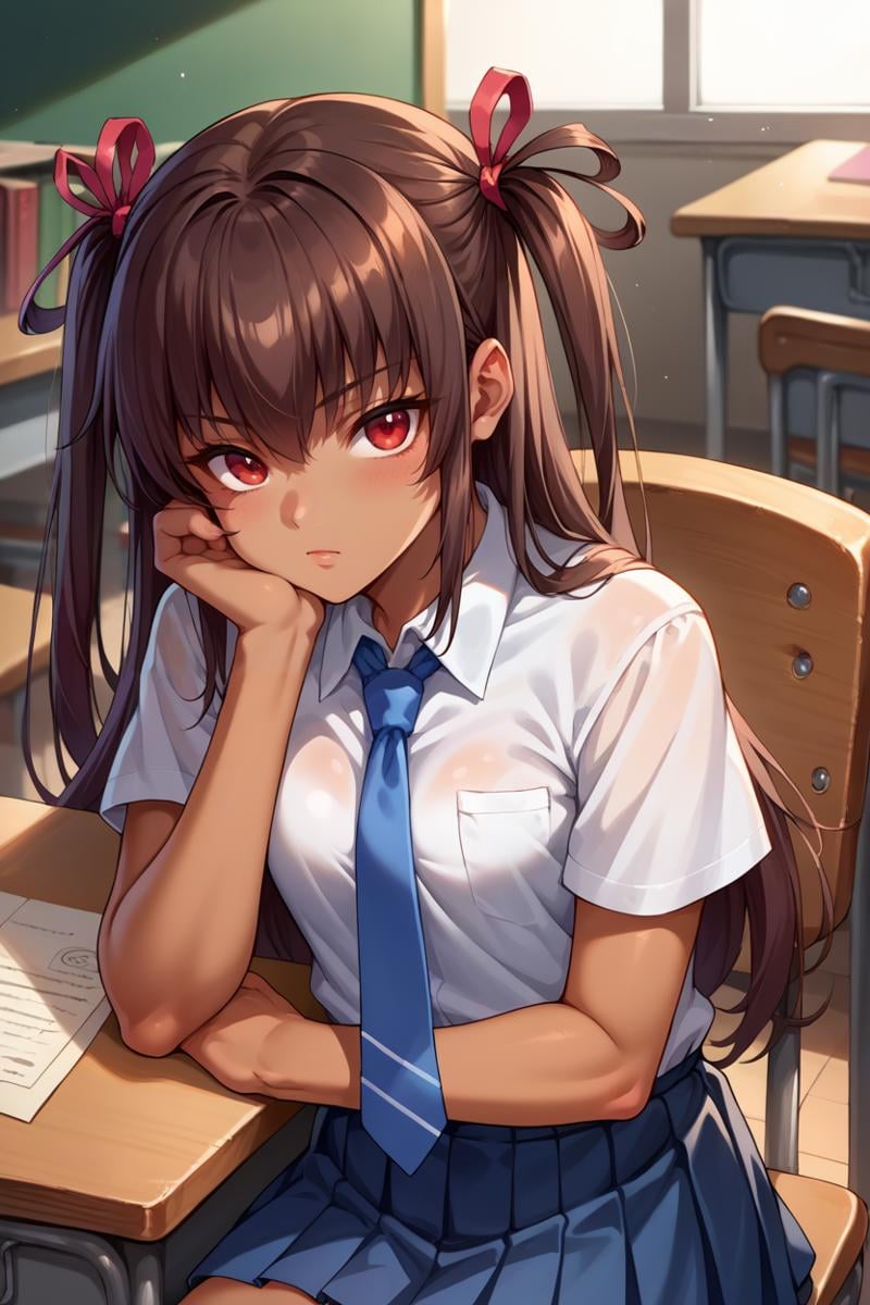 score_9, score_8_up, score_7_up, score_6_up, source_anime, 1girl, solo  <lora:mizukiyukikaze-pdxl-nvwls-v1-000005:1> defyuki, tan, brown hair, red eyes, two side up, long hair, hair ribbon, white shirt, short sleeves, blue necktie, blue skirt, pleated skirt, sitting, desk, chair, head rest, looking at you, library