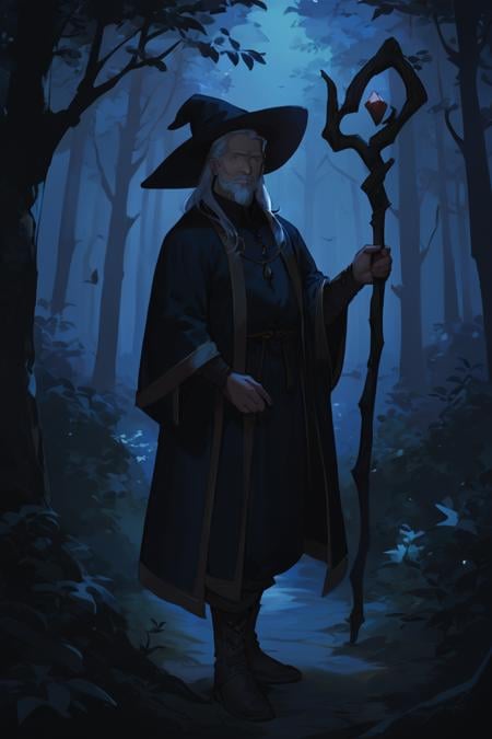 score_9, score_8_up, score_7_up, dark theme, low light, wizard, old, 1boy, old man, male focus, hat, beard, solo, staff, witch hat, facial hair, forest, nature, robe, long hair, looking at viewer, tree, holding, white hair, outdoors, holding staff, boots <lora:Smooth Anime Night Style SDXL_LoRA_Pony Diffusion V6 XL:1>