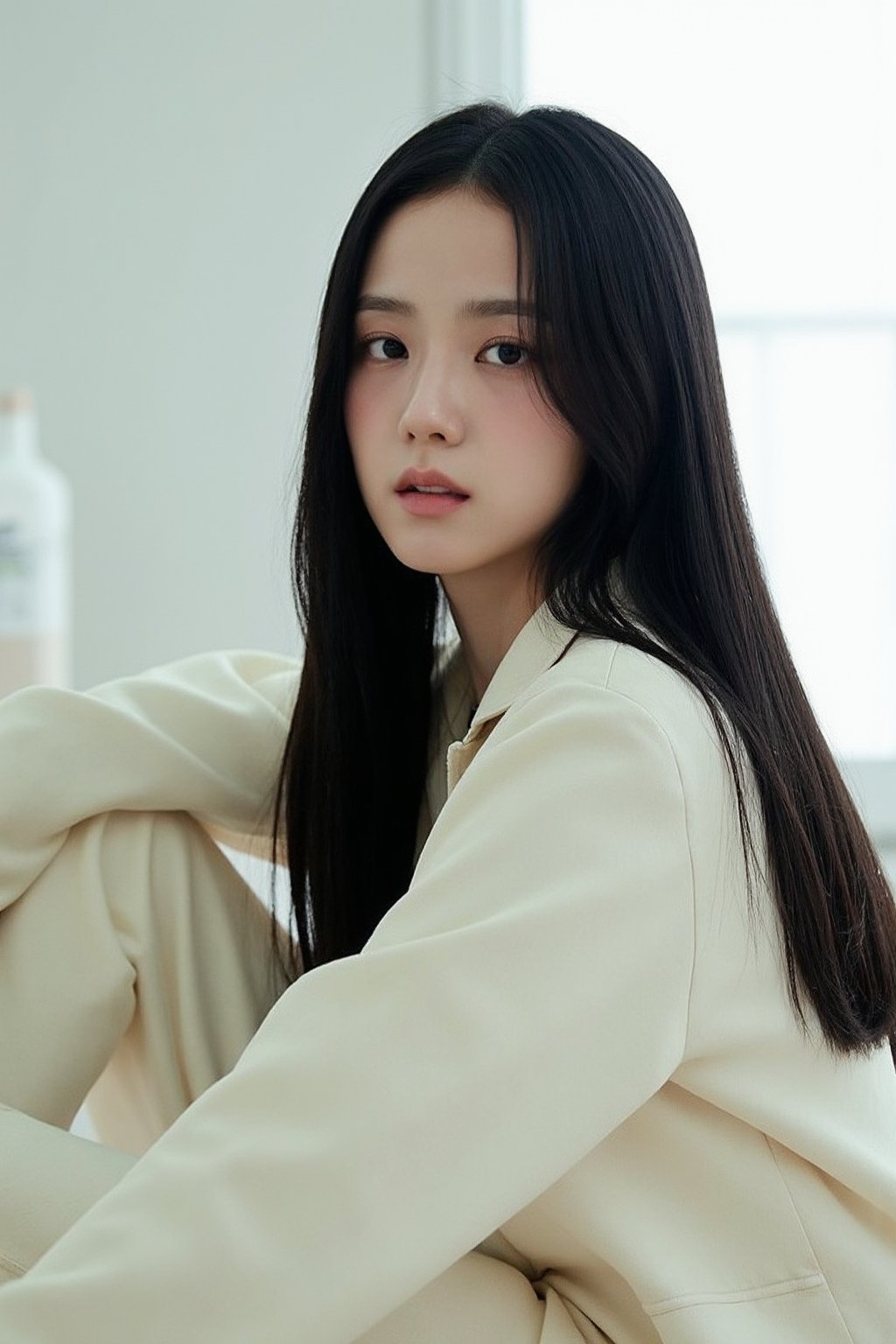 The image showcases a young korean woman  with long, straight black hair, sitting on the floor in a relaxed pose. She is wearing a light-colored outfit, possibly a white or beige jacket, that contrasts with her dark hair. The setting appears minimalistic with a soft, natural light filling the space, giving the photo a calm and introspective mood. Her expression is serene yet somewhat introspective, with her gaze directed slightly away from the camera., <lora:flux_realism_lora:1>, <lora:makinaflux_jisoo_v1.0:1>