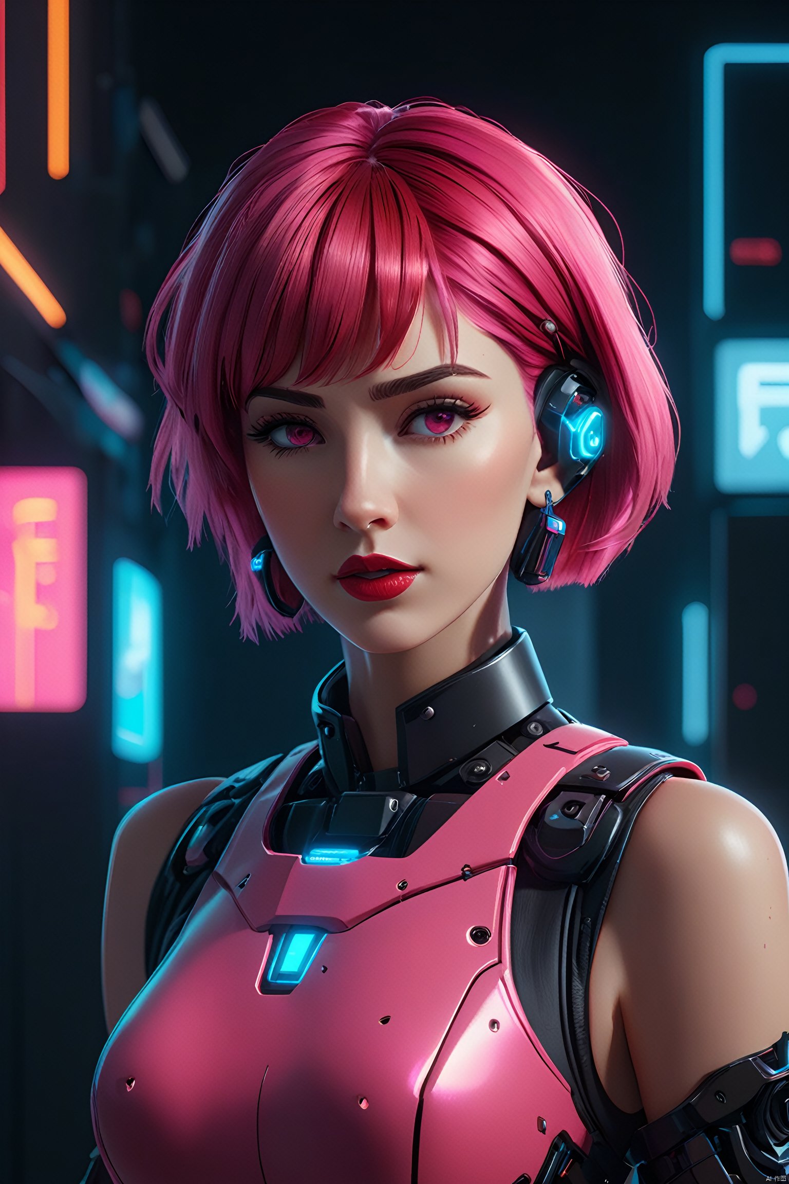 Anime Artwork Lucy (Cyberpunk),  Pink Short Hair,  Pink Eyes,  Red Lips,  Leather Skirt,  Punk Stud Earrings,  Bossy,  Brave,  Key Visual,  Vibrant,  High Detailed,  Illustration,  Short Straight Hair,  Futuristic,  NFT Art,  Solid Color Background,  Robotic Arm,  Cartoon Coloring,  Tendal Effect. Non-Realistic Rendering Transparency,  Color Tilt,  Animation,  Blender Geometry Art,  Intrlligence 4k Image,  Epic,  Cinematic Effects,  Neon Cold Pounding,  Octane Rendering,  OC,  8k