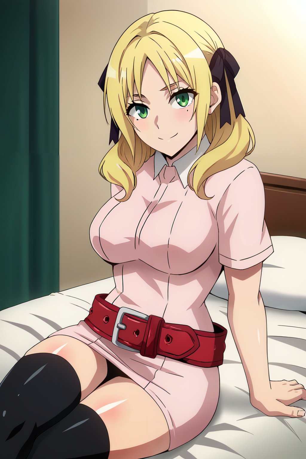 score_9, score_8_up, score_7_up, source_anime, 1girl, zPDXL2, hara \(harayutaka\),  <lora:Esther_Rosenthal-10:1>, esther_wz, blonde hair, twintails, green eyes, mdium breasts, black thighhighs, red belt, black ribbon, hair ribbon, short sleeves, zettai ryouiki, mole under eye, mole, pink dress, collared dress, short dress, belt buckle, cowboy shot, looking at viewer, sitting, room, bed, crossed legs, light smile, <lora:sd_xl_dpo_lora_v1:1>