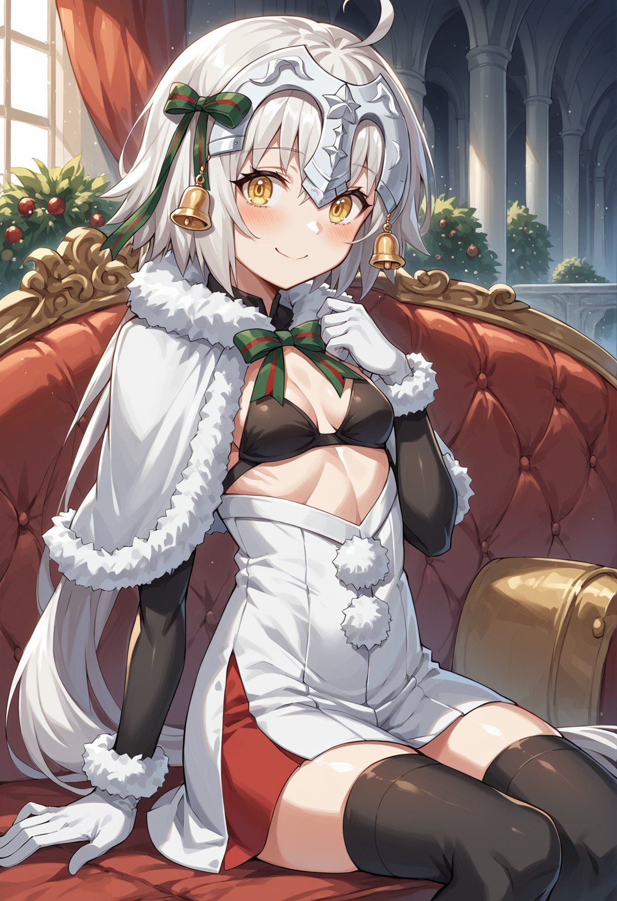 1girl, ahoge, white hair, long hair, low ponytail, yellow eyes, tiara, hair ornament, bell, hair ribbon, black bikini, short dress, center opening, fur trim, fur-trimmed capelet, elbow gloves, Thighhighs, armored boots, sitting, couch, indoors, mansion, smile, blushing  <lora:santa_lily:1>, score_9, score_8_up, score_7_up, score_6_up, score_5_up, score_4_up, BREAK source_anime, masterpiece