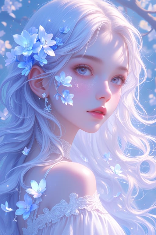 A serene fantasy scene featuring a girl with ethereal white hair,adorned in delicate blue flowers and surrounded by sparkling water droplets.,