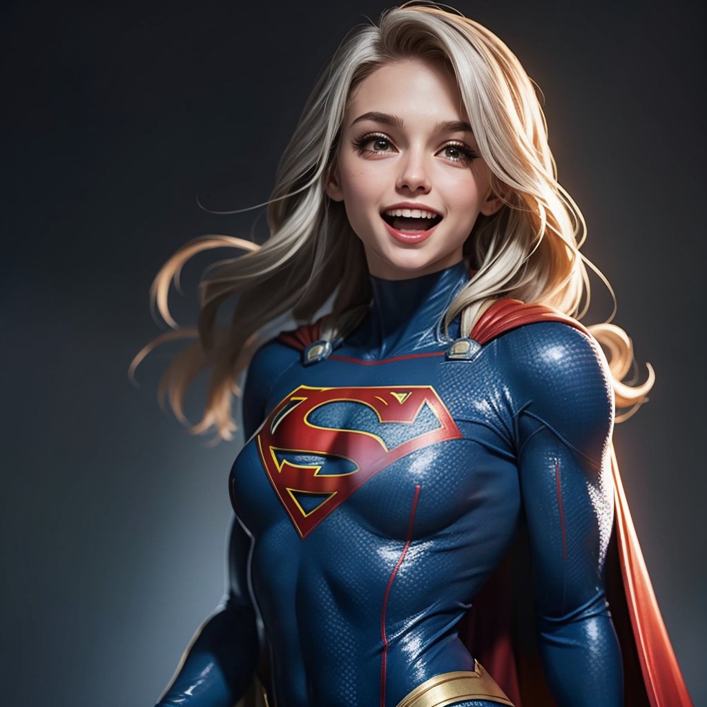 Supergirl, (silver bodysuit), laughing