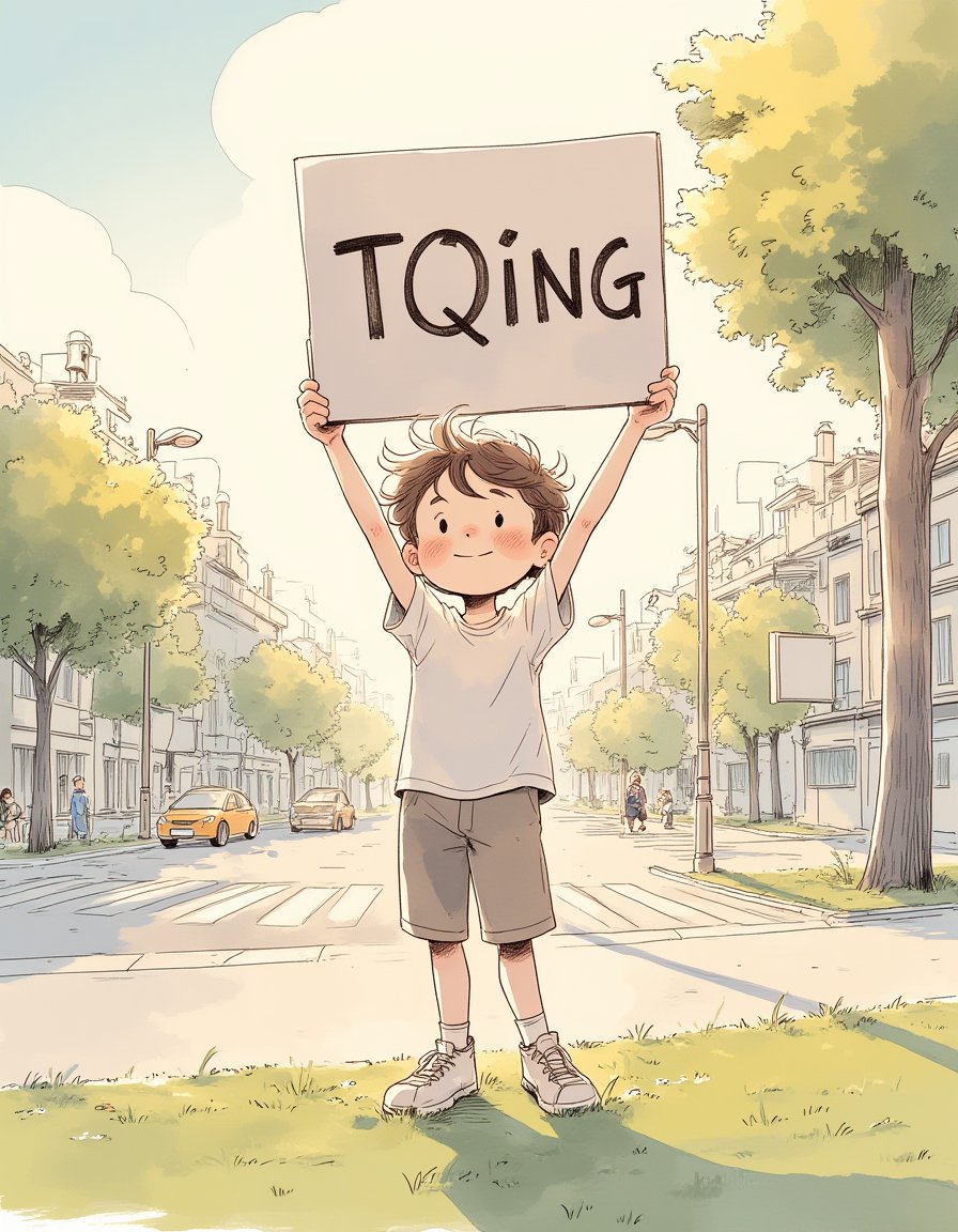 A boy holding a sign with the words' TQing 'written on it,