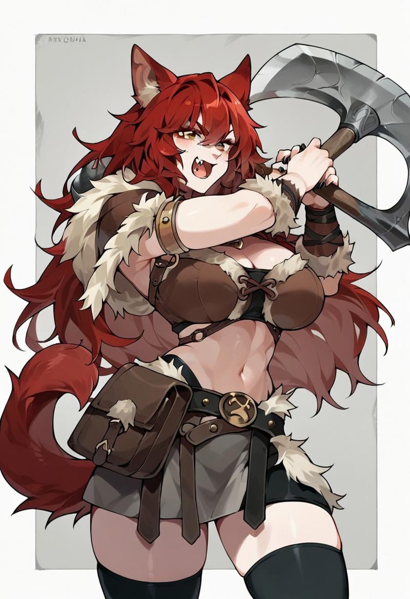 score_9, score_8_up, score_7_up, viking, red hair, fur-trimmed boots, black thighhighs, upper body, animal ears, fang, large breasts, holding axe, dog girl, sheath