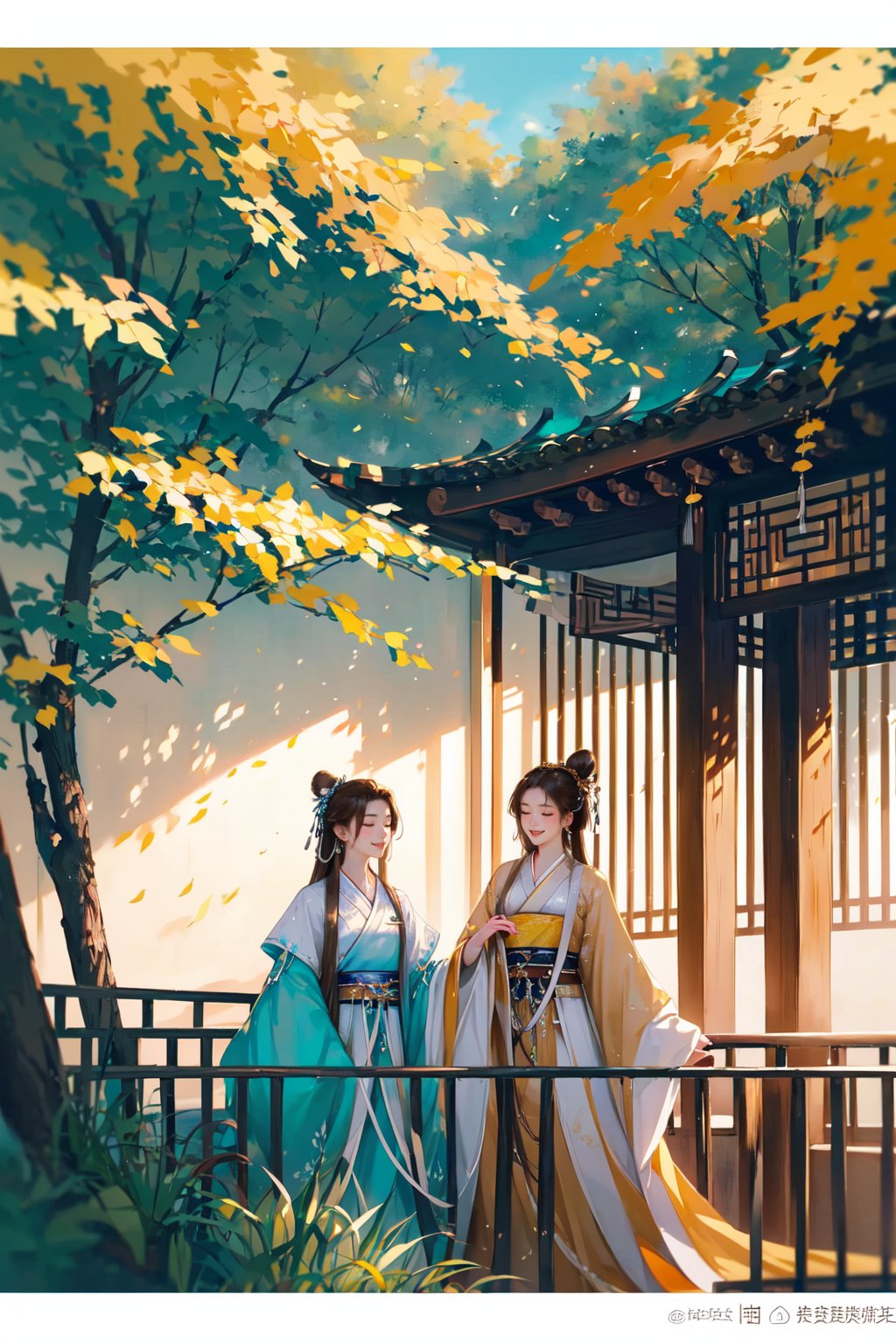 (masterpiece:1.2),best quality,PIXIV,Hanama wine,multiple girls,2girls,tree,railing,long hair,hair ornament,outdoors,leaf,hanfu,letterboxed,brown hair,black hair,chinese clothes,long sleeves,weibo username,hair bun,closed eyes,smile,weibo logo,grass,skirt,<lora:Hanama wine V2-000018:0.8>,