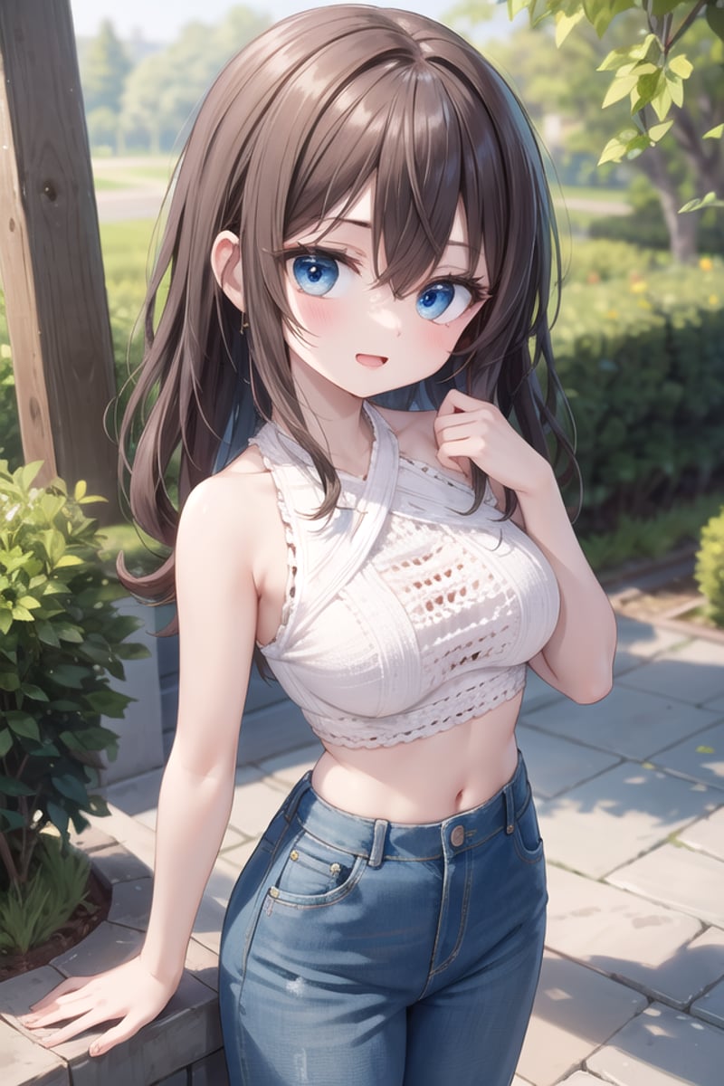 insanely detailed, absurdres, ultra-highres, ultra-detailed, best quality,1girl, solo, nice hands, perfect handsBREAK(white theme:1.4), (white crochet knit crop top:1.4), (halter neck:1.3),  ((sleeveless, bare shoulders, bare arms):1.3), (white pumps with heels:1.1)BREAK(denim palazzo pants:1.3), (ankle:1.3), (See-through:-1.5)BREAK(nsfw:-1.5)BREAKseductive smile, open mouthBREAK,standing, cowboy shot, looking at viewerBREAKslender, kawaii, perfect symmetrical face, ultra cute girl, ultra cute face, ultra detailed eyes, ultra detailed hair, ultra cute, ultra beautifulBREAKin forest, depth of field, ultra detailed backgroundBREAKlarge breastsBREAKbrown hair, brown eyes, curly hair, hair between eyes