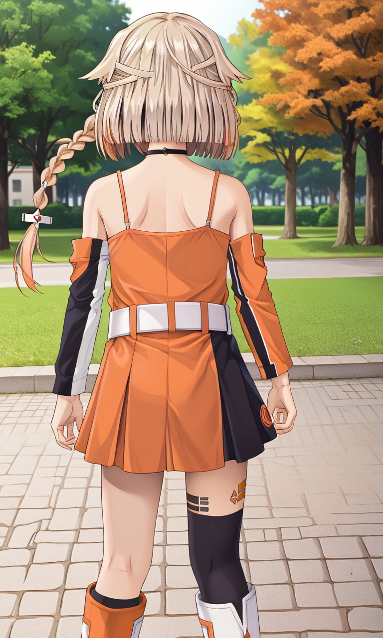 full body, from behind, park <lora:ONE_CeVIO:1> ONE_CeVIO,blonde,orange tint,single braid,hair flaps,emblem choker,bare shoulders,single sleeve, detached sleeve,orange shirt,spaghetti strap,arm tattoo,leg tattoo,belt,black skirt,asymmetrical legwear,single black thighhigh,white knee boots