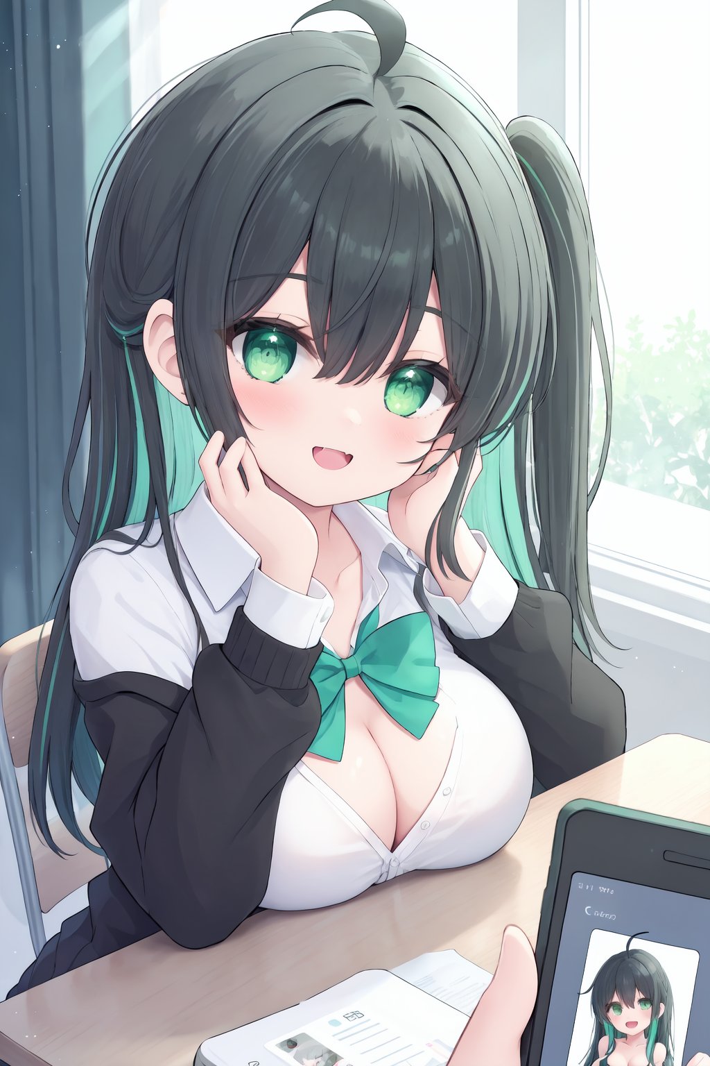 1girl, breasts, phone, long hair, green eyes, black hair, white shirt, window, multicolored hair, looking at viewer, green bow, indoors, cellphone, colored inner hair, smile, ahoge, desk, green hair, curtains, bowtie, holding, long sleeves, hair between eyes, bangs, black jacket, pov, blush, holding phone, school desk, smartphone, large breasts, open clothes, open mouth, skirt, green bowtie, school uniform, hand on own face, off shoulder, two-tone hair, hand on own cheek, one side up, :d, button gap, solo focus, cellphone picture, fang, sitting, cleavage, chair,