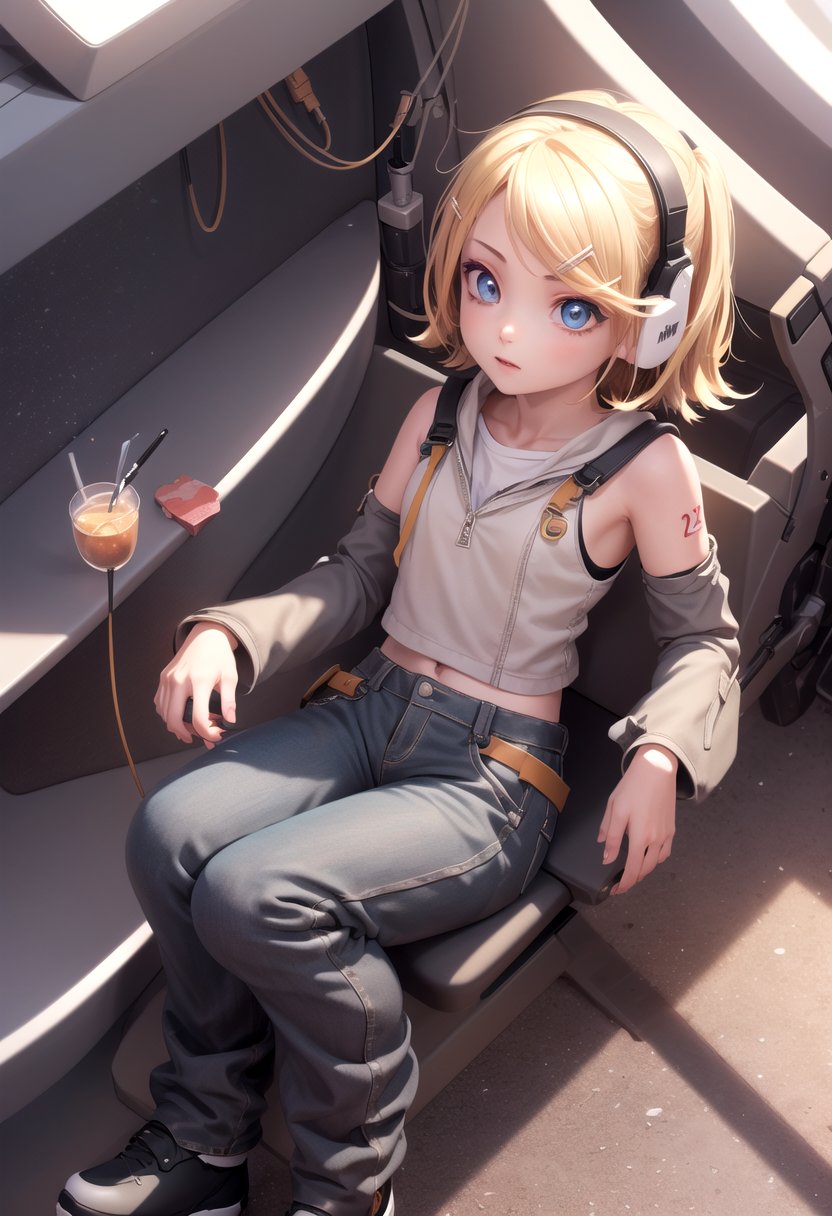 1 girl, blonde hair, sitting, pants, <lora:kagamine_rin:0.8> kagamine_rin(masterpiece:1.2), best quality, high resolution, unity 8k wallpaper, (illustration:0.8), (beautiful detailed eyes:1.6), extremely detailed face, perfect lighting, extremely detailed CG, (perfect anatomy),