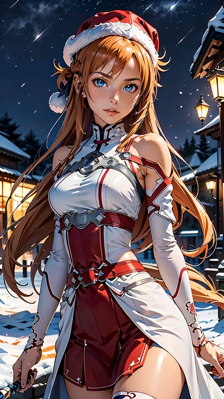 (best quality, masterpiece, colorful, dynamic angle, highest detailed) upper body photo, fashion photography of cute, intense long red hair, (\Asuna Yuuki\)\(sword art online\) <lora:asuna_(sao)_v1:0.6>,(ultrahigh resolution textures), in dynamic pose, Santa Clauss hat, bokeh, (intricate details, hyperdetailed:1.15), detailed, moonlight passing through hair, perfect snowing night, fantasy background, (official art, extreme detailed, highest detailed), HDR+