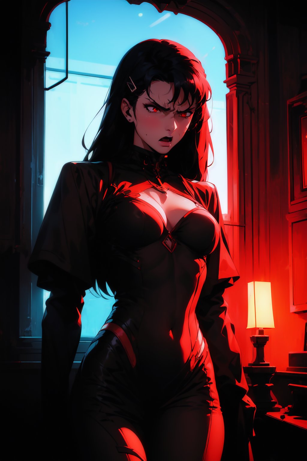 1girl, black hair, long hair, bznoir, perfect figure, matured woman, (high quality, masterpiece:1.2), hair clip, red eyes, (angry, annoyed:1.2), red theme, glowing, backlighting, dark atmosphere<lora:EMS-323506-EMS:1.300000>