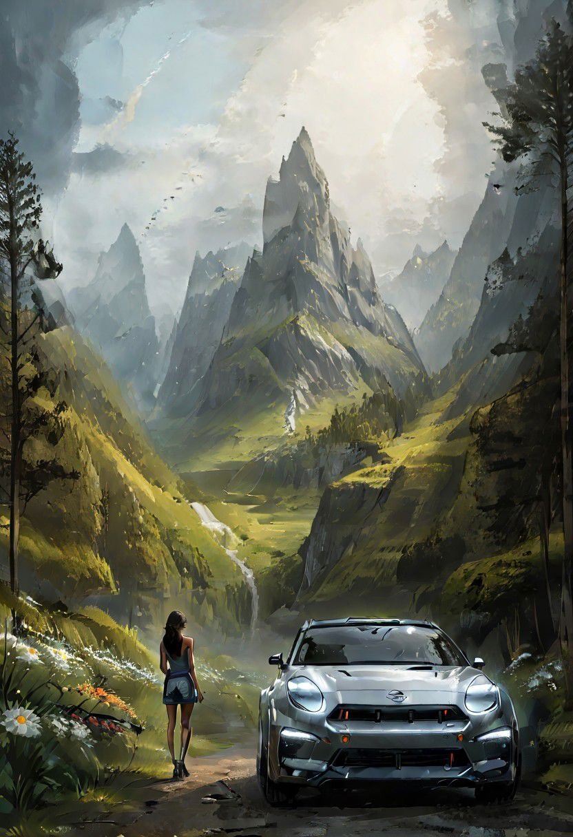 digital art, NISSAN, mountail landscape backgound, plants tress and flowers, a girl standing nearby the car