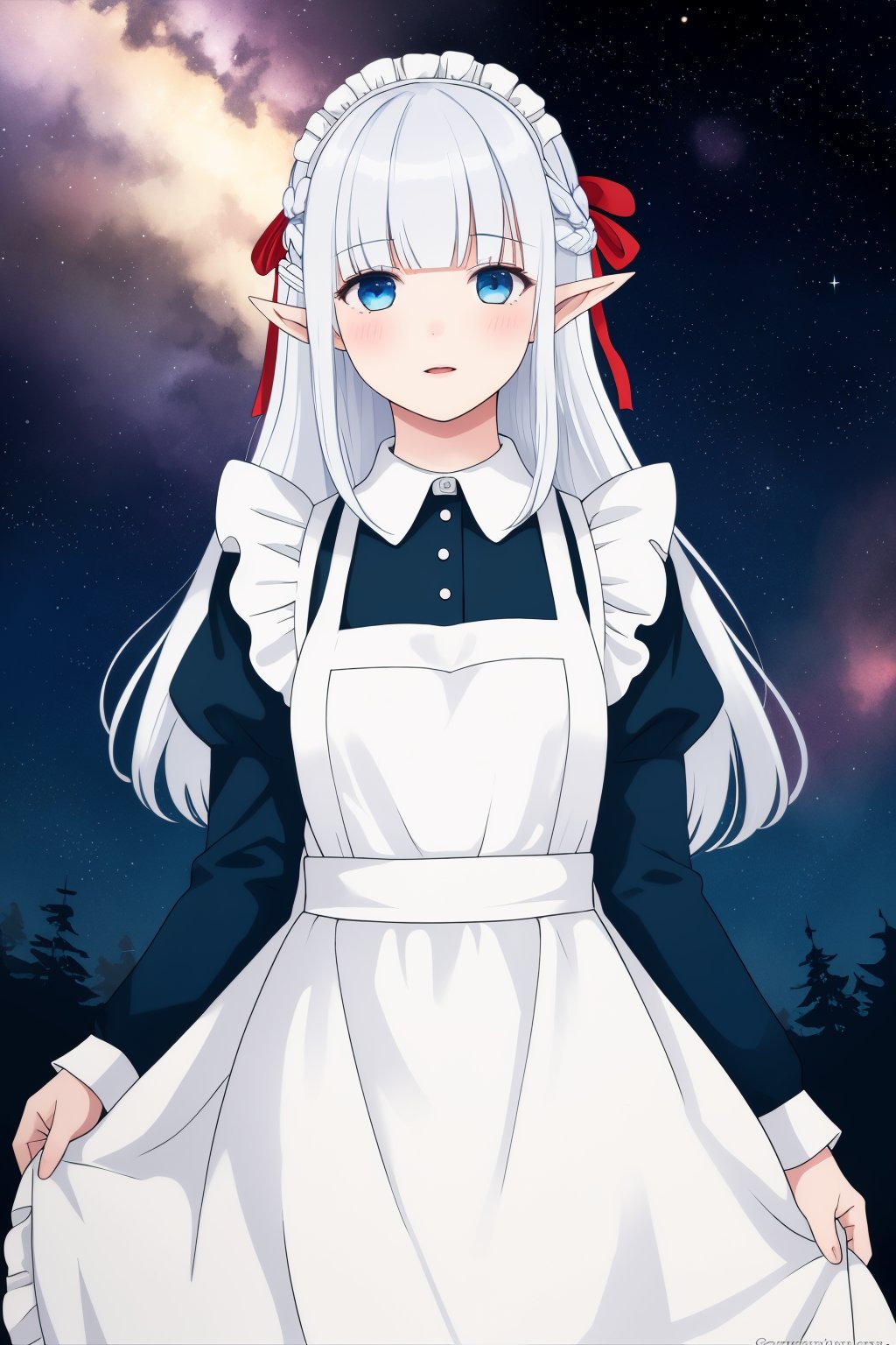 realistic,Nephelia,1girl,pointy ears,blue eyes,very long hair,white hair,elf,apron,maid,collar,braid,dress,long sleeves,frills,blunt bangs,hair ribbon,flowers,<lora:lbc_Nephelia_v1.0:0.8>,stars in the eyes, messy floating hair, colored inner hair, Starry sky adorns hair, depth of field,