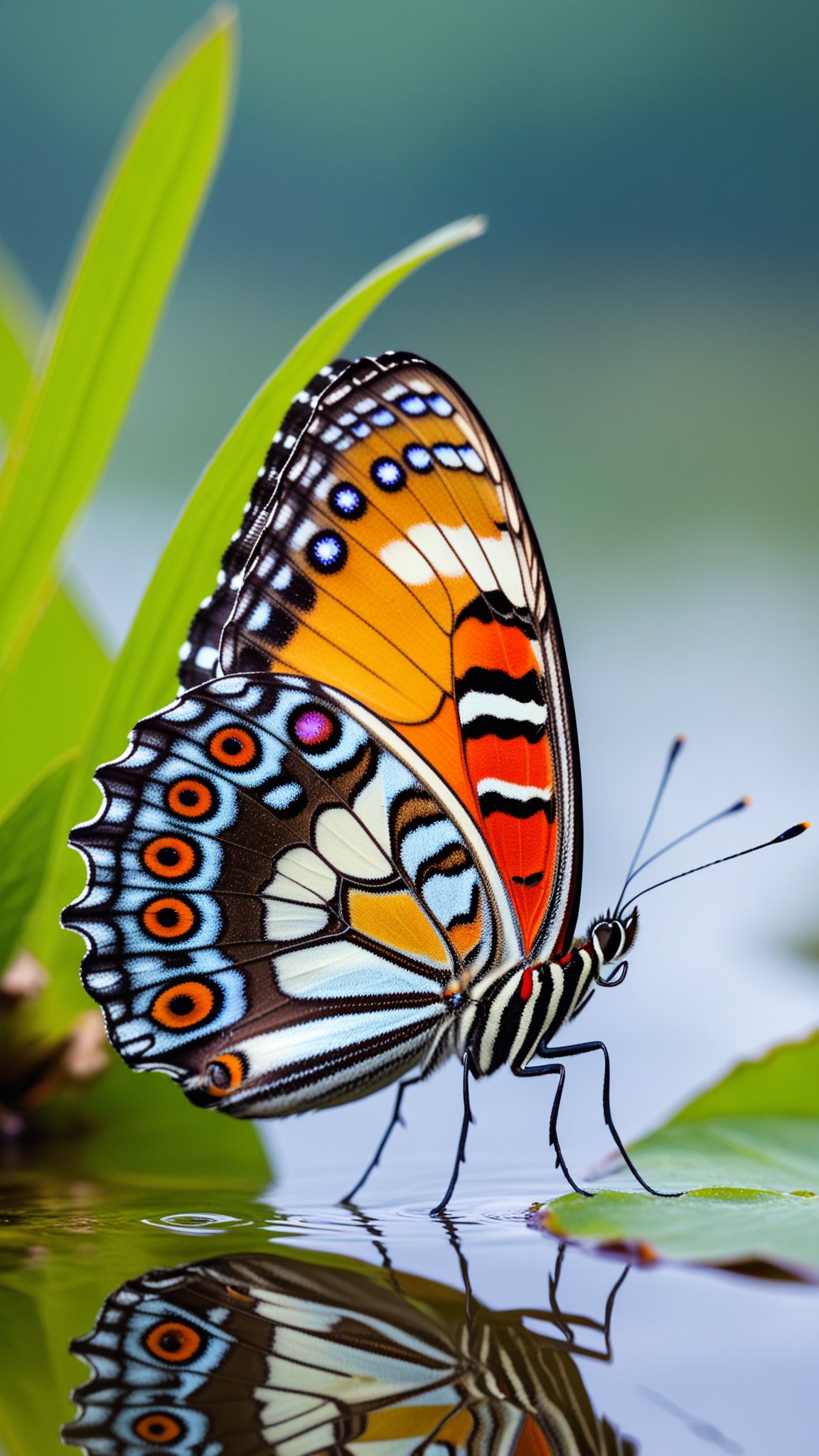 Colorful butterfly on the side of a lake, macro photography, shallow depth of field, dslr, vivid colours, blurred background, full focus on butterfly, misty, UHD, macro photography, extreme close-ups, intricate details, unseen worlds, capturing texture, emphasizing details, revealing beauty in small things, professional lighting, precise focusing, artistic expression, immersive experience, expert technique