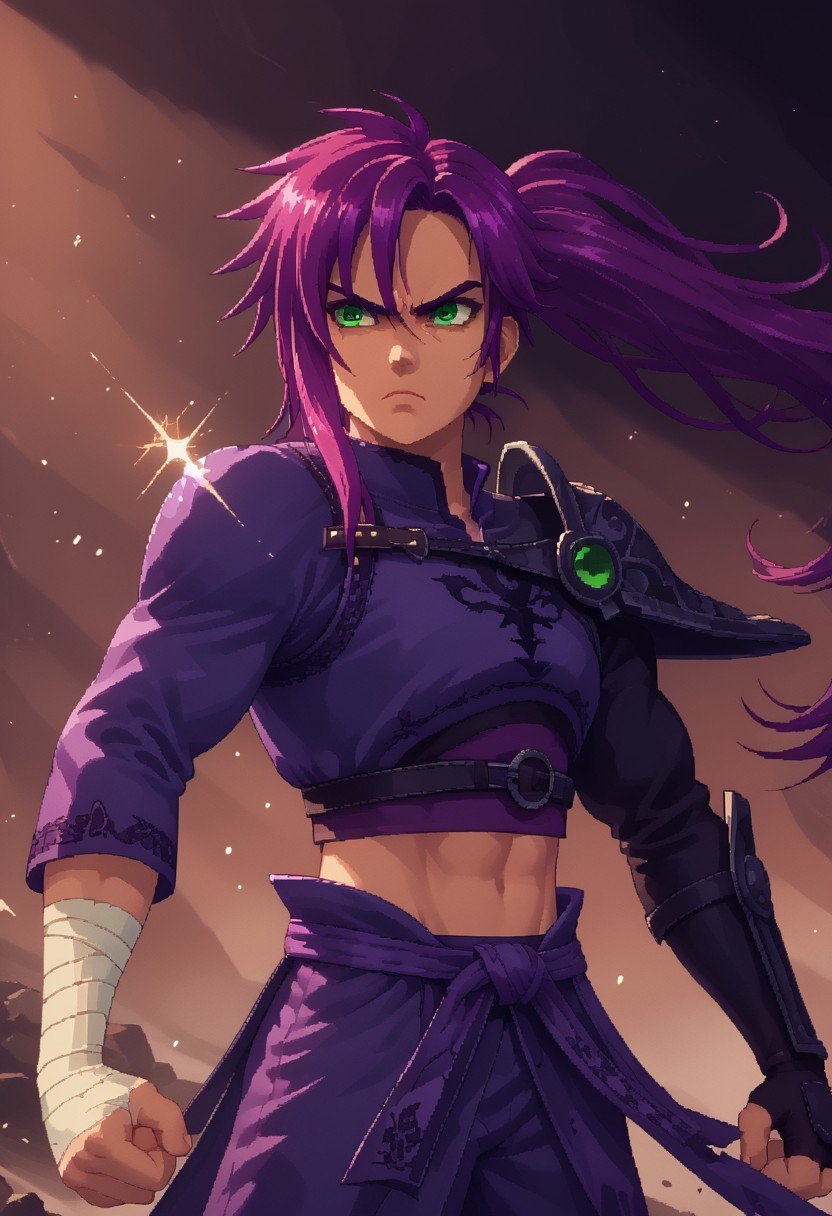 score 9, score 8, score 7, score 6, 1boy, solo, slashblade, shoulder armor, midriff, purple hair, green eyes, wrist wrap, source_anime, intense expression, sparkle, fighting stance, ponytail, abstract background, dynamic, d3p1x3l, pixel art,