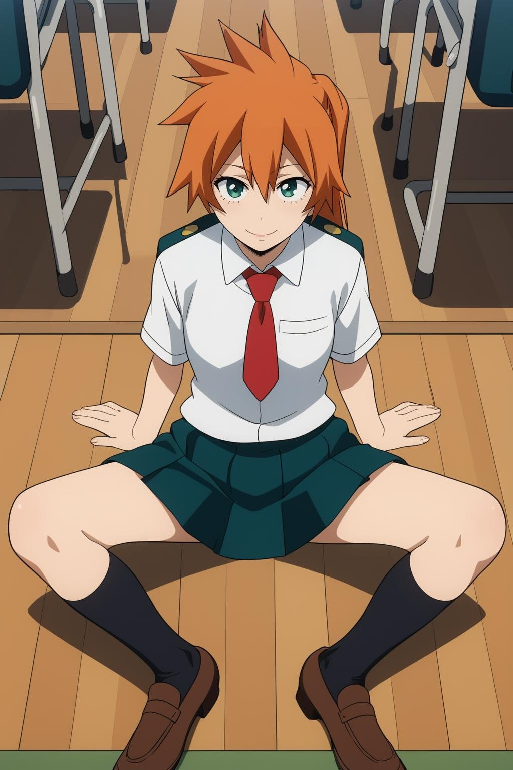 score_9, score_8_up, score_7_up, score_6_up, score_5_up, score_4_up, BREAK, <lora:Itsuka_Kendo-000006:.9>, 1girl, Kendo, orange hair, green eyes, u.a. school uniform, white shirt, red necktie, kneehighs, brown footwear, sitting, legs spread