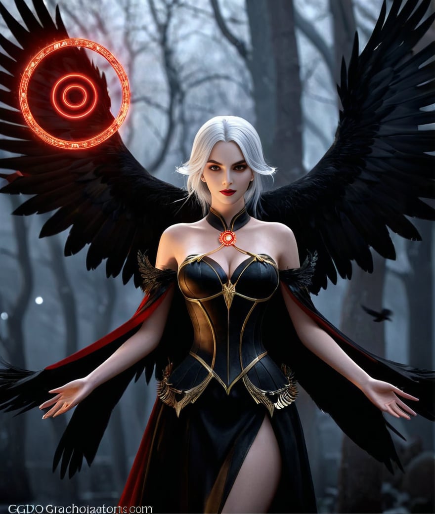 (Game CG style:1.2),Game CG style,this is a dark fantasy female character holding out her hands,surrounded by a circular red magic circle. she has silver hair,wears a black dress with gold accents,and has two large black wings on her back. her eyes are red,emitting a sinister glow. in the background,there are dark trees and flying crows. there is a watermark at the bottom left corner of the image. overall tone: dark,mysterious,and magical. camera specifications: dslr or mirrorless camera,standard zoom lens,f/2.8 aperture,iso 400 sensitivity,and a shutter speed of 1/60 seconds,