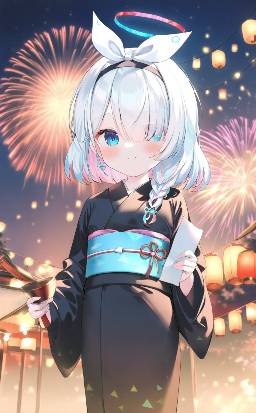 chen_bin,1girl, fireworks, hair over one eye, solo, japanese clothes, hairband, kimono, looking at viewer, long hair, braid, multicolored hair, lantern, halo, pink hair, blue eyes, upper body, letterboxed, night, colored inner hair, black hairband, closed mouth, white hair, bangs, holding, black kimono, outdoors, arona \(blue archive\), paper lantern, virtual youtuber, sky, yukata, ribbon, long sleeves, sash, obi, festival, two-tone hair, bow hairband, side braid, white ribbon, single braid<lora:chen_bin_xl_cyan-000010:0.8>