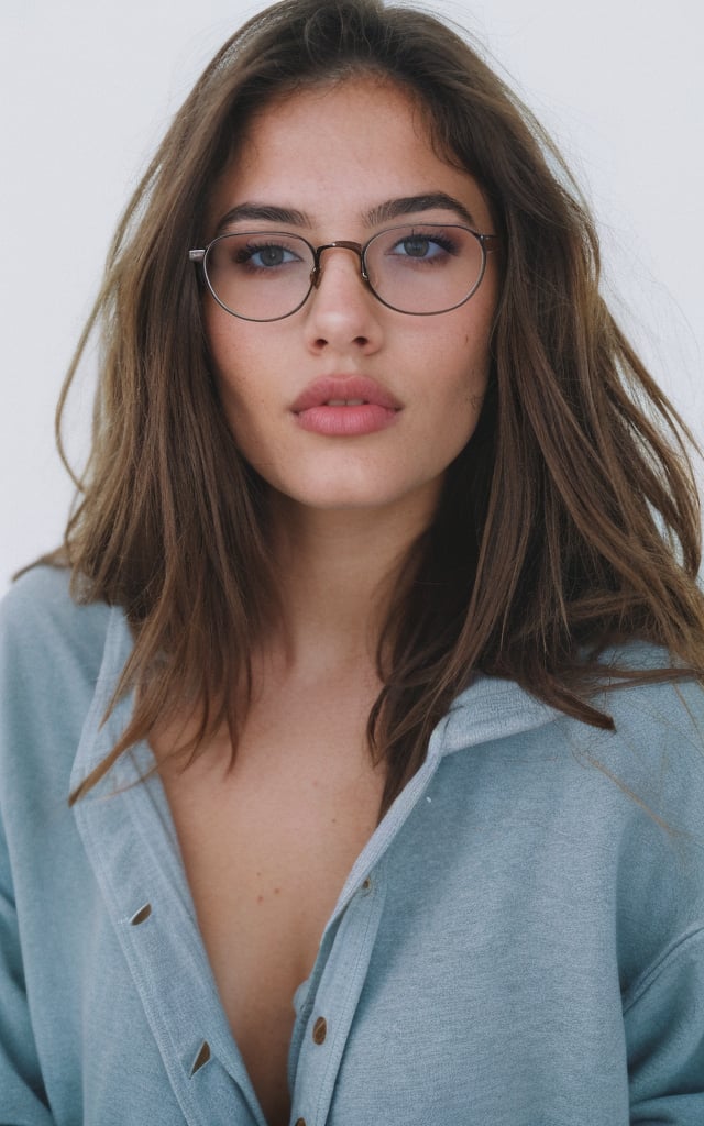 a beautiful 23-year-old woman, light brunette, close-up, girl next door, baggy clothes, makeup, lips, glasses, night, messy hair, film grain, retro, Porta 160 color, shot on ARRI ALEXA 65, sharp focus on subject, Fujifilm XT-3