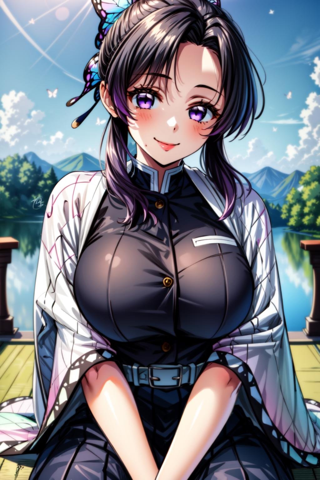 (best quality:1.2), 1girl, (masterpiece:1.2), raytracing, cute face, perfect face, ultra detailed,detailed face, 8k wallpaper, wide hips, <lora:more_details:0.5>, ShinobuKochou_NDV, 1girl, purple eyes, black-purple hair, japanese clothes, demon slayer uniform, butterfly hair ornament, belt, black pants, black jacket, smile,  <lora:ShinobuKochou_NDV:0.7>, outdoor, large breasts, sitting