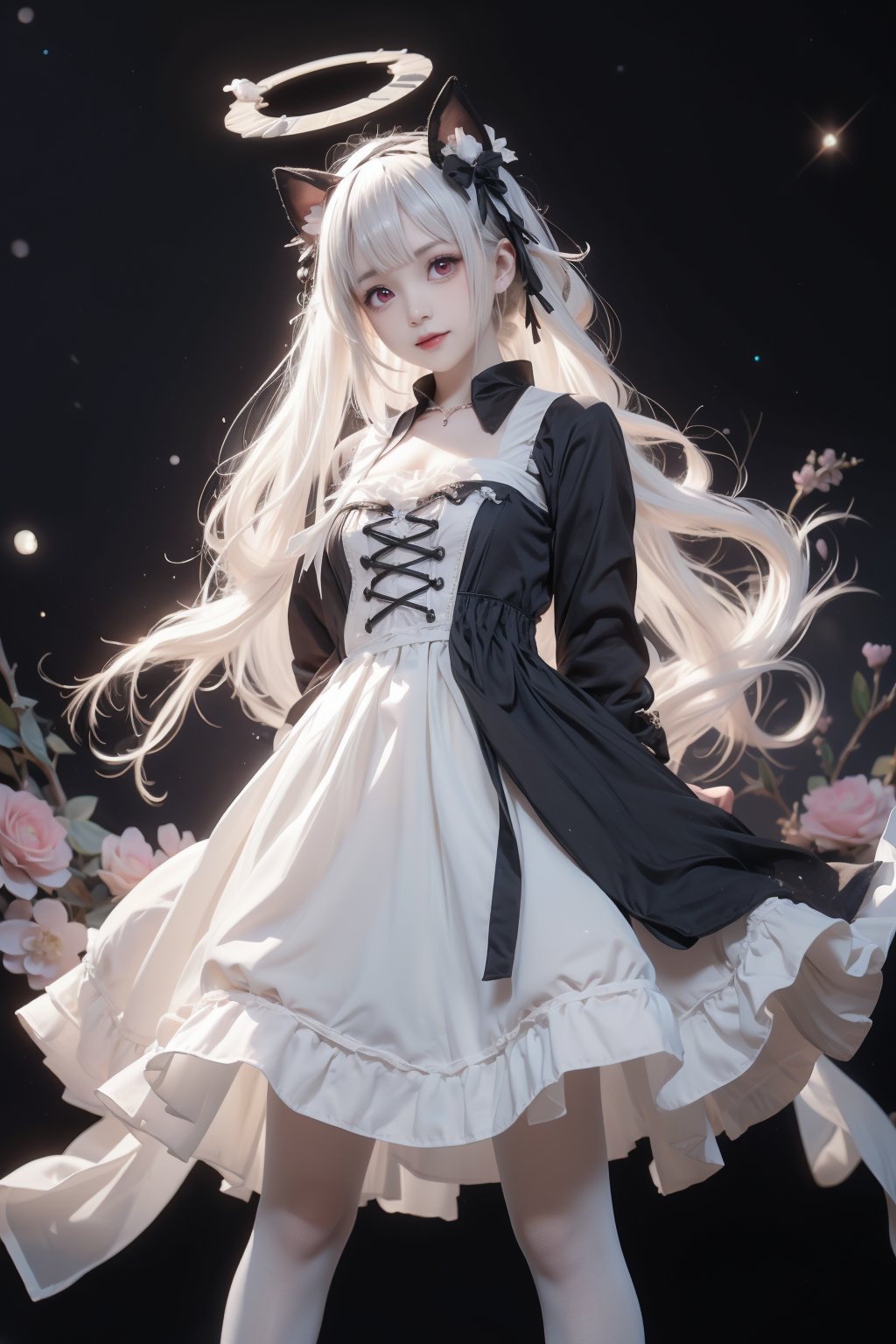 1girl,teen,white hair,(gothic_lolita:1.5),lolita_hairband,stiletto_heels,(white_pantyhose:1.2),bangs,standing,white flower,no_pupils,(halo:1.2),pink eyes,ribbon,smile,incredibly absurdres,colorful,available light,starry_background,arms_behind_back,looking_at_viewer,