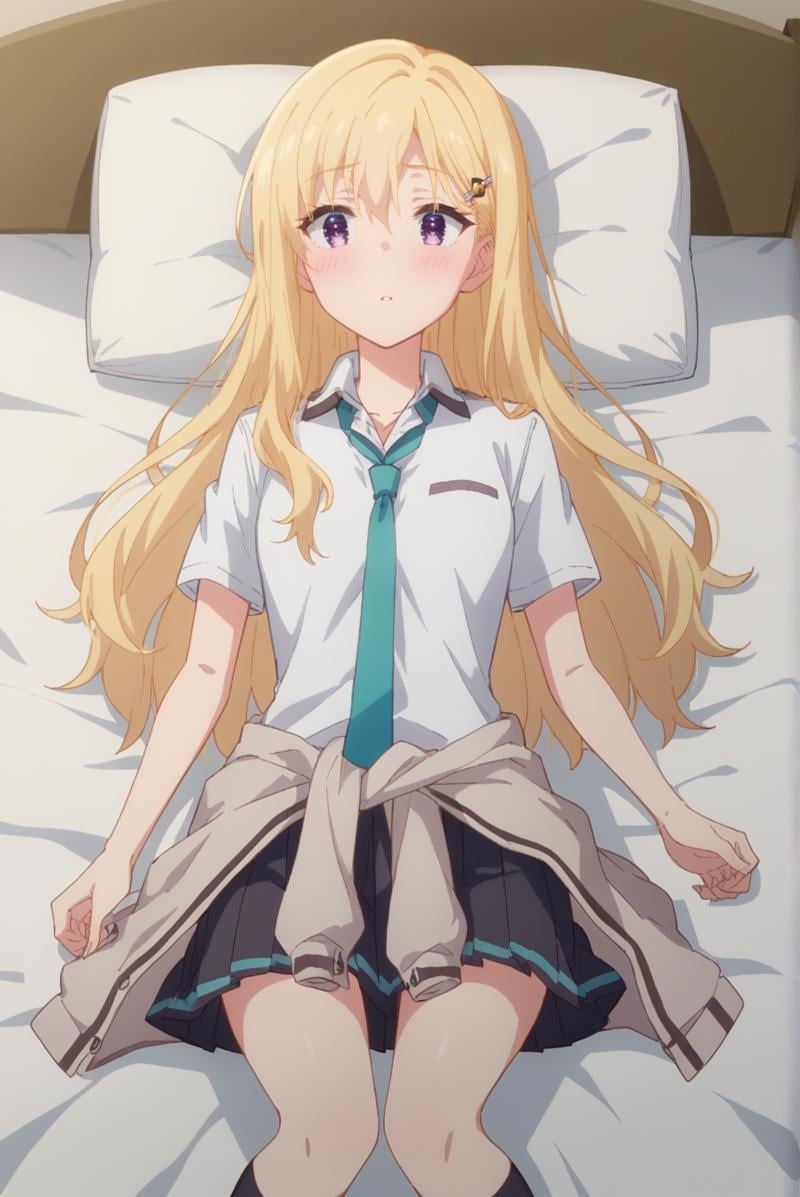 score_9, score_8_up, score_7_up, score_6_up, score_5_up, score_4_up, BREAK source_anime, 1girl, solo,<lora:AyaseSakiXL-v1-07:0.8>, ChopioAyase, long hair, blonde hair, shiny hair, hair between eyes, purple eyes, highly detailed eyes, hair clip, looking at viewer, straight hair,outfit_3, white shirt, short sleeves, collared shirt, aqua necktie, pleated skirt, black skirt, cardigan around waist, black socks, kneehighs,bedroom, bed, bed sheet, pillow, on bed, on back, from above, shy, blush, parted lips, 