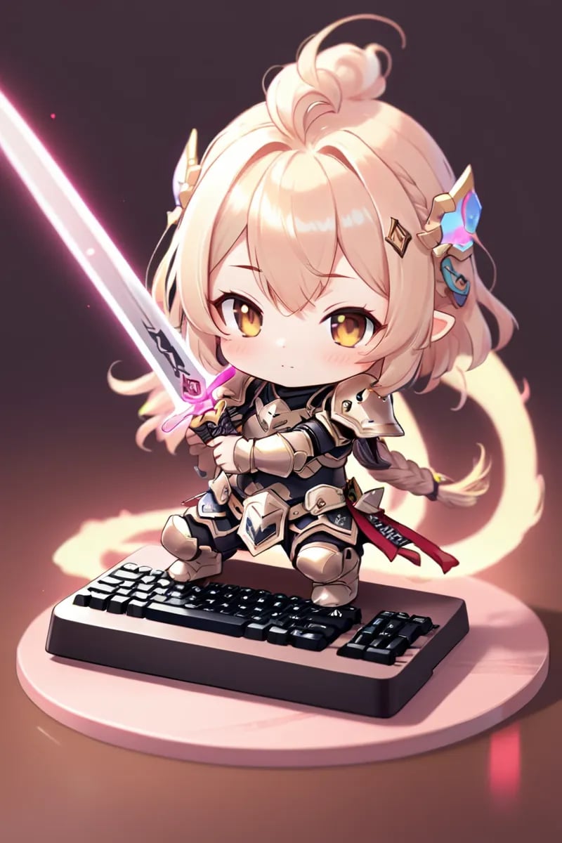 kawaii chibi, game armor, keyboard sword, glowingrunesai