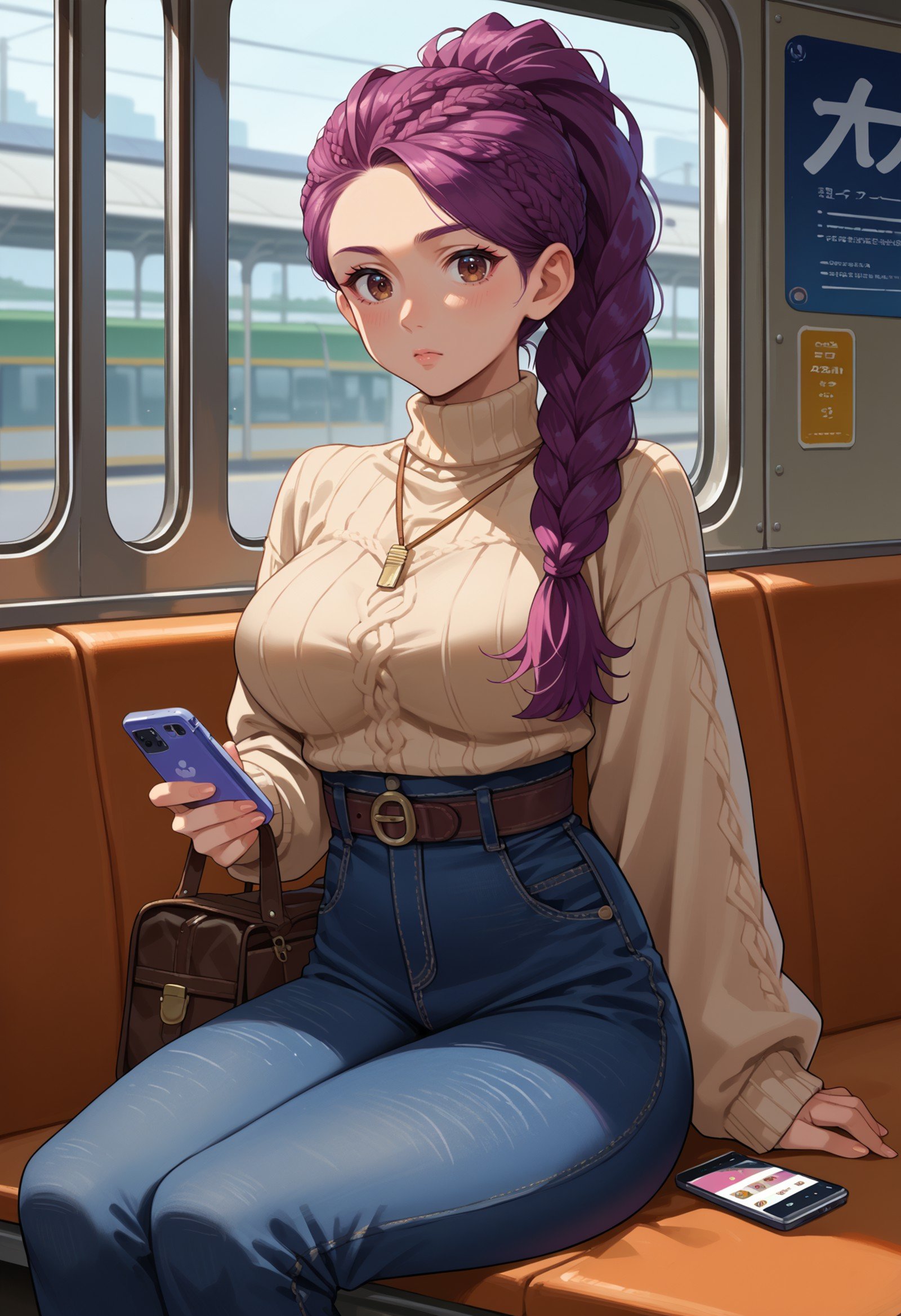 score_9, score_8_up,score_7_up, source_anime, 1girl, solo, <lora:EPfePetra:1>, EPfePtr, brown eyes, long hair, purple hair, single braid, braided ponytail,large breasts, sweater,tight clothing,sitting,subway,looking at phone,high-waist jeans,bag,belt,