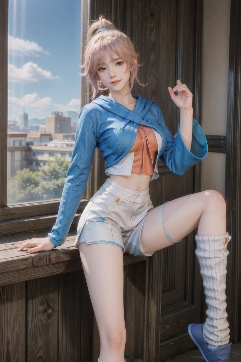 best quality,Best quality,masterpiece,ultra high res,(photorealistic:1.4),raw photo,1girl,solo,jxm,stand,school,pink hair,opaque,delicate face,long legs,whole body,smile,Supergiant huge breasts,high ponytail,ponytail,<lora:face-完美脸型2:0.3>,<lora:face-阿又:0.2>,<lora:jxm01:0.7>,<lora:hairdetailer:1>,