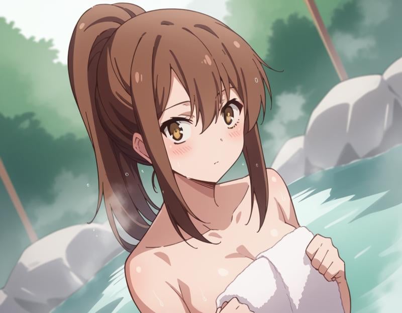 score_9, score_8_up, score_7_up, source_anime,nanamiaoyama, <lora:nanami-aoyama-s1-ponyxl-lora-nochekaiser:1>,nanami aoyama, long hair, bangs, brown hair, hair between eyes, brown eyes, ponytail, sidelocks,nude, naked, outdoors, onsen, towel, naked towel, steam, bathing, nude cover, partially submerged, water, bath, steam censor, wet towel, blush,looking at viewer, cowboy shot, solo, dutch angle