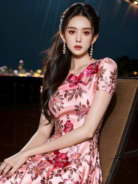 short sleeves dress,looking at viewer,  floral print,  depth of field, night cityscape, (1girl:1.6),   long hair, ulzzang-6500v1.1, (original: 1.2), (realistic: 1.3) , beautiful girl with beautiful details, extremely detailed eyes and face, eyes with beautiful details, absurd, incredibly absurd, huge file size, ultra detail, high resolution, ultra detailed, best quality, masterpiece, illustration, ultra detailed and beautiful, ultra detailed, CG, unity, 8k wallpaper, amazing, fine Detail, masterpiece, top quality, official art, extremely detailed CG unity 8k wallpaper, cinematic lighting, (perfect shiny skin:0.6), slim and smooth lines, (floating), (small breasts:1),  earrings 