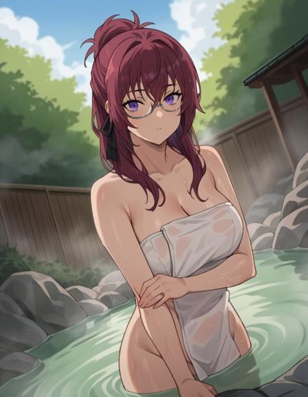 score_9, score_8_up, score_7_up, source_anime,lilyagreyrat, <lora:lilya-greyrat-s1-ponyxl-lora-nochekaiser:1>,lilya greyrat, purple eyes, red hair, glasses,nude, naked, outdoors, onsen, towel, naked towel, steam, bathing, nude cover, partially submerged, water, bath, steam censor, wet towel,looking at viewer, dutch angle, cowboy shot,