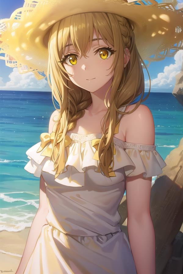 guildgirl, <lora:guild girl s2-lora-nochekaiser:1>,guild girl, long hair, brown hair, (yellow eyes:1.5), braid, single braid, smile,BREAK hat, dress, bow, white dress, sun hat, bare shoulders, collarbone,BREAK outdoors, beach,BREAK looking at viewer, (cowboy shot:1.5),BREAK <lyco:GoodHands-beta2:1>, (masterpiece:1.2), best quality, high resolution, unity 8k wallpaper, (illustration:0.8), (beautiful detailed eyes:1.6), extremely detailed face, perfect lighting, extremely detailed CG, (perfect hands, perfect anatomy),