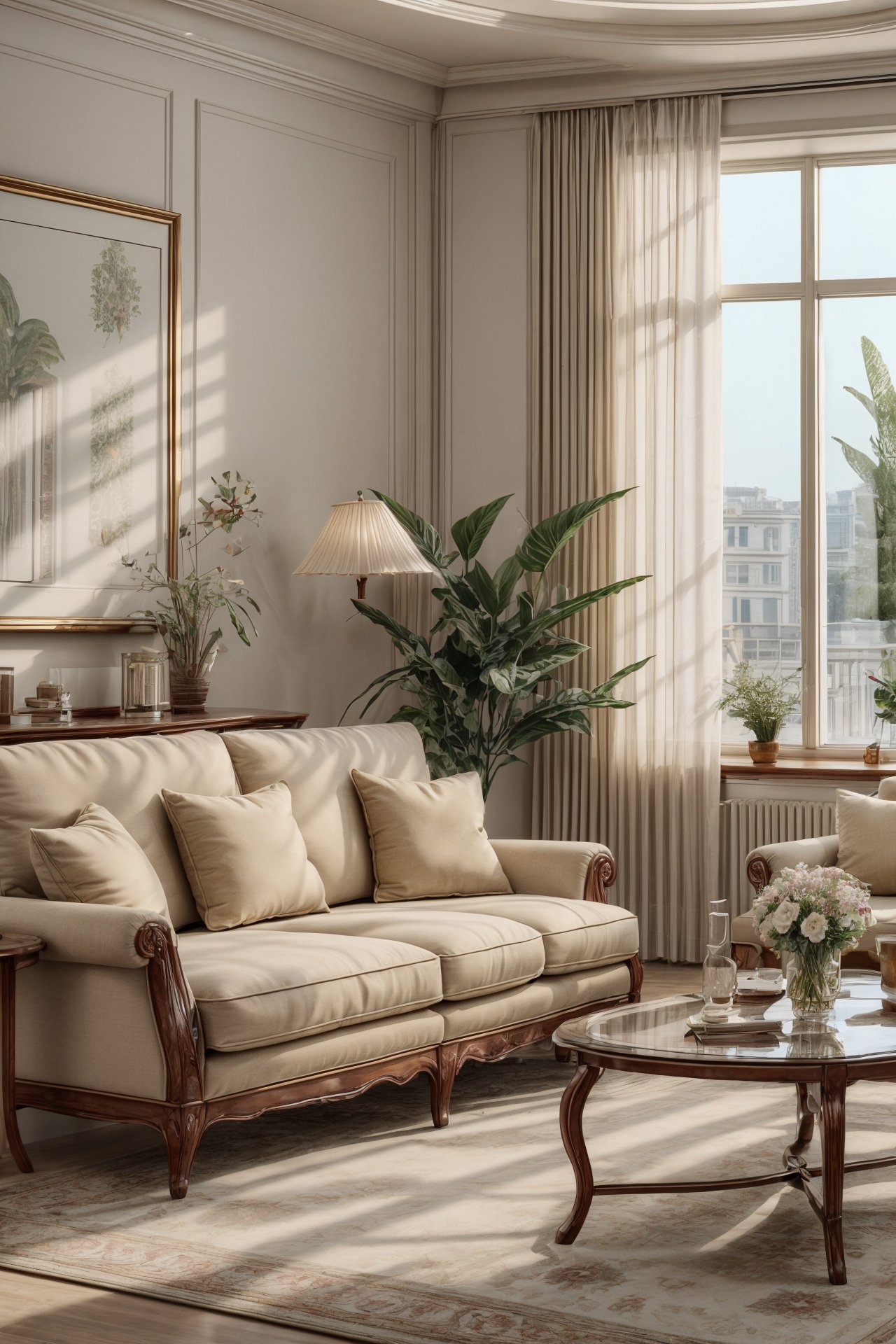 Ultra-realistic 8k CG,masterpiece,best quality,Highly detailed,Professional,extreme detail description,indoors,curtains,potted plant,frame,<lora:Yue暖馨室内设计v1:0.7>,living_room,couch,coffee_table,vase,<lora:add_more_details:0.6>,dome light,plant,leafeon,