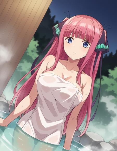 score_9, score_8_up, score_7_up, source_anime,ninonakano, <lora:nino-nakano-s1-ponyxl-lora-nochekaiser:1>,nino nakano, long hair, bangs, blue eyes, hair ornament, hair ribbon, pink hair, blunt bangs, two side up, butterfly hair ornament, mature female,nude, naked, outdoors, onsen, towel, naked towel, steam, bathing, nude cover, partially submerged, water, bath, steam censor, wet towel,looking at viewer, cowboy shot, dutch angle, solo,