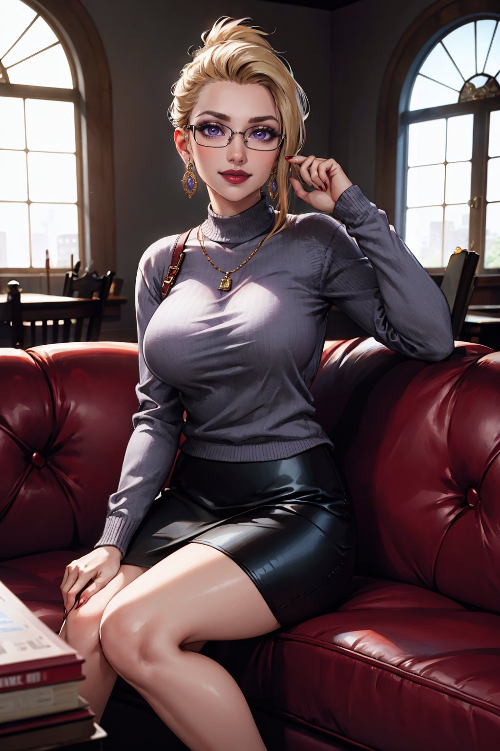 masterpiece, best quality, <lora:ffscarlet-nvwls-v1-000009:0.9> ffscarlet, purple eyes, earrings, lipstick, grey sweater, pencil skirt, sitting, couch, fireplace, window, looking at viewer, large breasts, smile, glasses