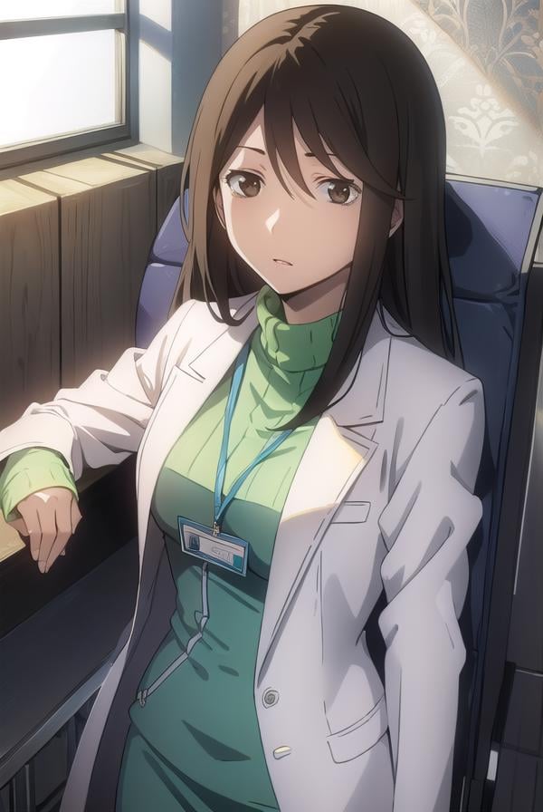 namieyagiri, <lora:namie yagiri s1-lora-nochekaiser:1>,namie yagiri, long hair, black hair, (brown eyes:1.3),BREAK sweater, turtleneck, labcoat, green sweater,BREAK indoors, office,BREAK looking at viewer, (cowboy shot:1.5),BREAK <lyco:GoodHands-beta2:1>, (masterpiece:1.2), best quality, high resolution, unity 8k wallpaper, (illustration:0.8), (beautiful detailed eyes:1.6), extremely detailed face, perfect lighting, extremely detailed CG, (perfect hands, perfect anatomy),