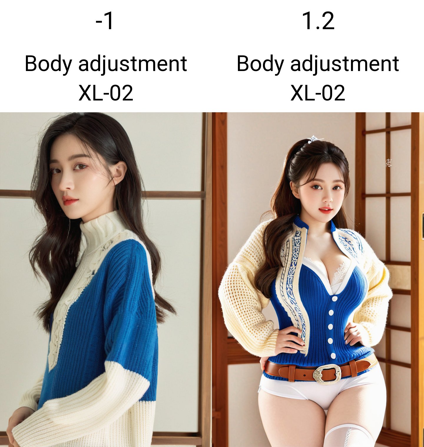 (masterpiece, best quality:1.4),finely detailed,1girl,solo,pale skin,standing,asian,(cowboy_shot:1.2), <lora:Body adjustment XL-02:-1>,Sweater