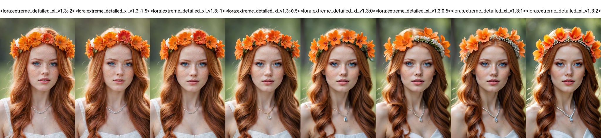 (best quality, 4k, 8k, highres, masterpiece:1.2), ultra-detailed, (realistic, photorealistic, photo-realistic:1.37),hyper realistic, 1girl,long hair,looking at viewer,realistic proportions,blue eyes,hair ornament,dress,very long hair,flower,red hair,parted lips,necklace,white dress,orange hair,lips,blurry background,freckles,realistic,head wreath,orange flower,realistic <lora:extreme_detailed_xl_v1.3:-2>