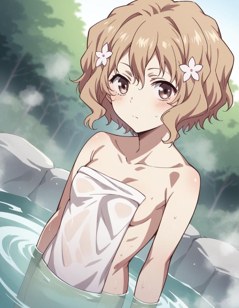 score_9, score_8_up, score_7_up, source_anime,ohanamatsumae, <lora:ohana-matsumae-s1-ponyxl-lora-nochekaiser:1>,ohana matsumae, short hair, brown hair, hair ornament, brown eyes, flower, hair flower,nude, naked, small breasts,outdoors, onsen, towel, naked towel, steam, bathing, nude cover, partially submerged, water, bath, steam censor, wet towel, blush,looking at viewer, cowboy shot, solo, dutch angle,