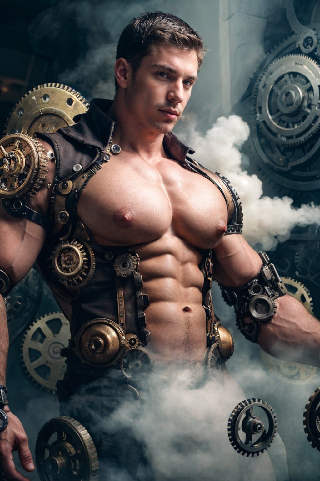 photo of a man, male (steampunk cyborg), gears and cogs, steaming body, realistic, highly detailed, realistic eyes, intricate details, detailed background, depth of field, dynamic pose, dynamic angle, (muscular), (large pectorals), (puffy nipples)